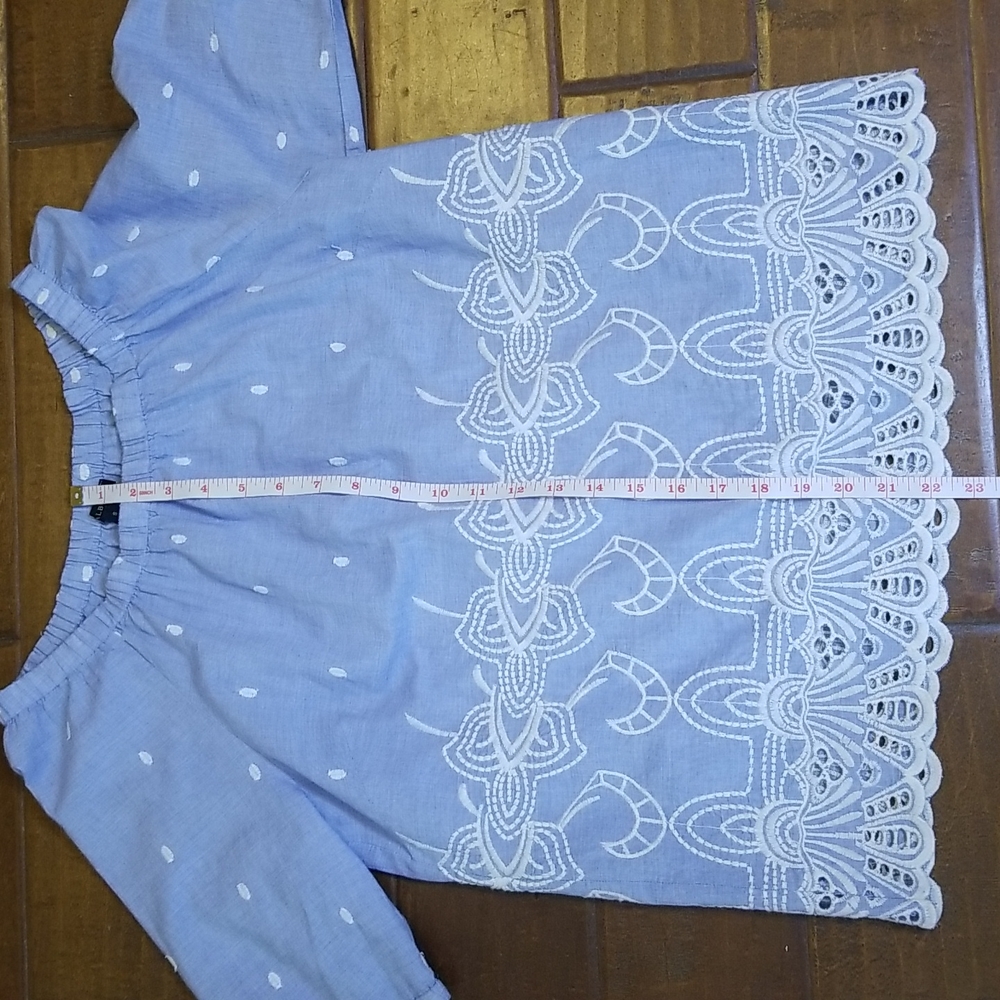 Talbots Womens Elastic Round Neck Light Blue White Lace Eyelet Shotsleeve Shirt - Picture 5 of 10